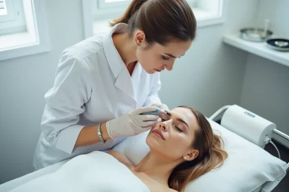 Esthéticienne réalisant une séance de détatouage de sourcil au laser dans un studio professionnel