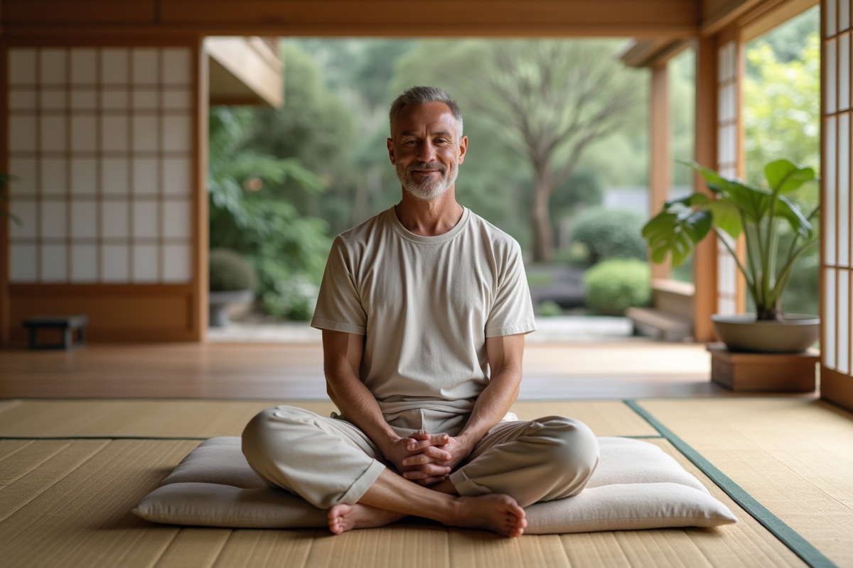 Homme en position assise recevant un shiatsu dans une salle japonaise