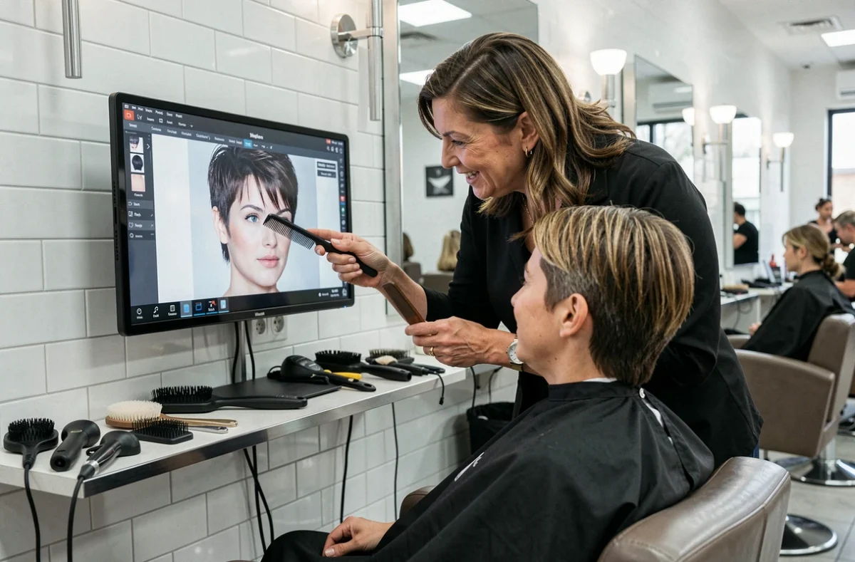 Coiffeuse et cliente en salon examinant une simulation numérique de coupe de cheveux sur une tablette