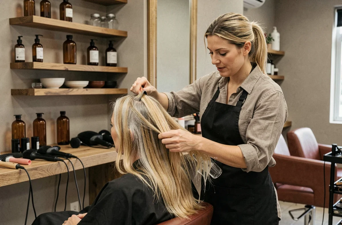 Coiffeuse appliquant un masque colorant blond sur les cheveux d'une cliente en transition vers le gris naturel en salon