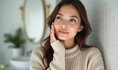 Femme en soin de peau dans une salle de bain minimaliste