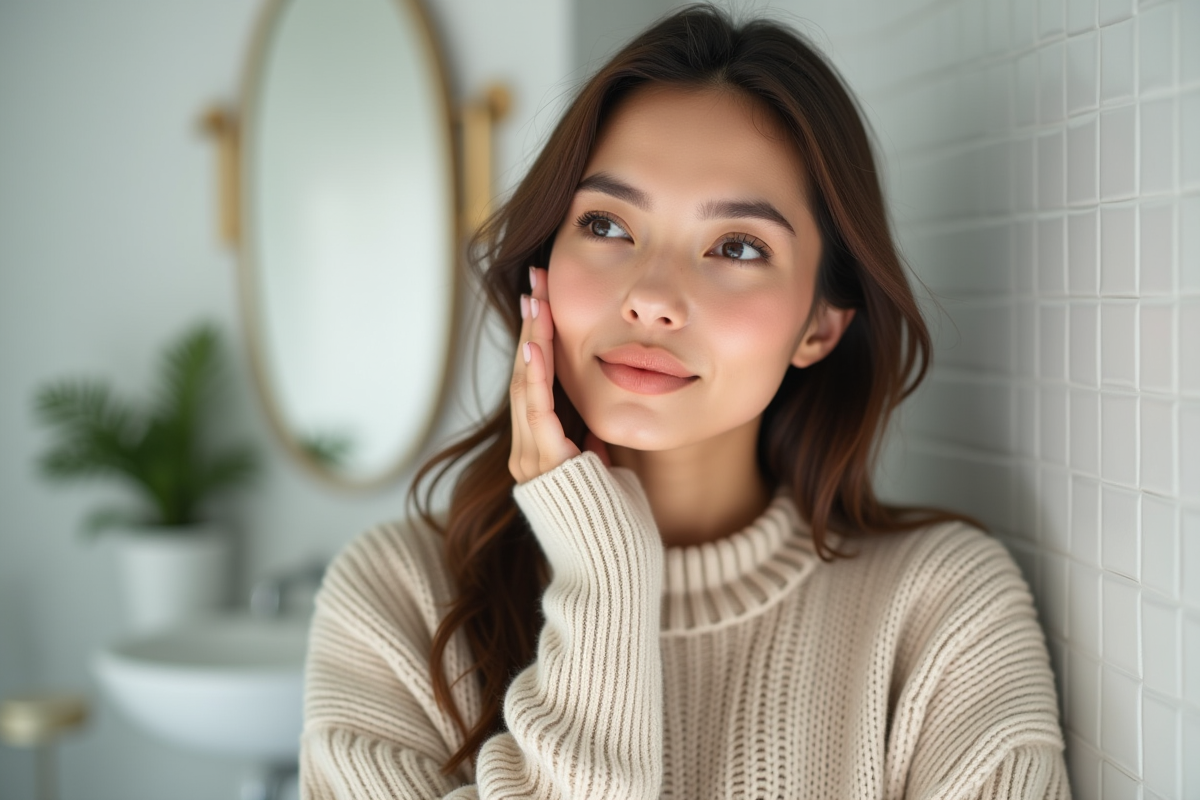 Femme en soin de peau dans une salle de bain minimaliste