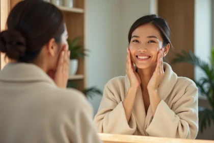 Femme en peignoir beige se massant le visage dans un spa à domicile