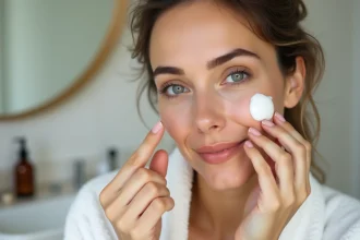 Femme appliquant une crème visage Zaturelle sur peau naturelle sans maquillage devant un miroir de salle de bain