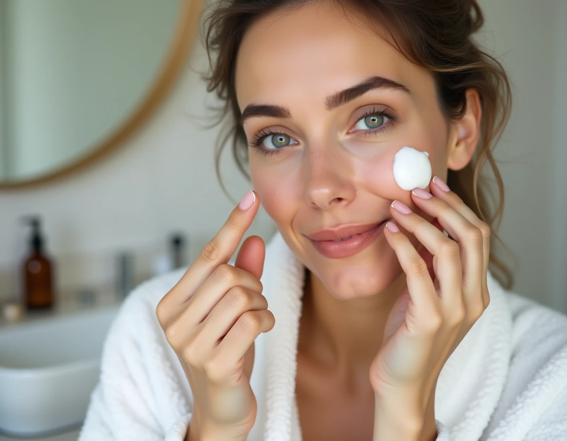Femme appliquant une crème visage Zaturelle sur peau naturelle sans maquillage devant un miroir de salle de bain