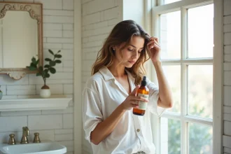 Femme appliquant un spray au sel marin sur ses cheveux ondulés dans une salle de bain lumineuse avec carrelage métro blanc