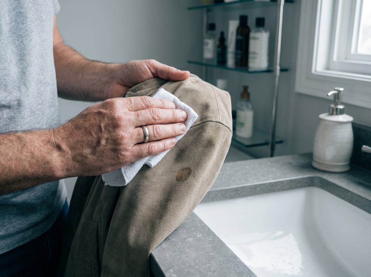 Mains masculines traitant une tache sur une veste en daim avec un chiffon microfibre humide au-dessus d'un lavabo