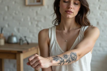 Femme avec tatouage floral de pivoines sur l'avant-bras, signification et emplacement du tatouage