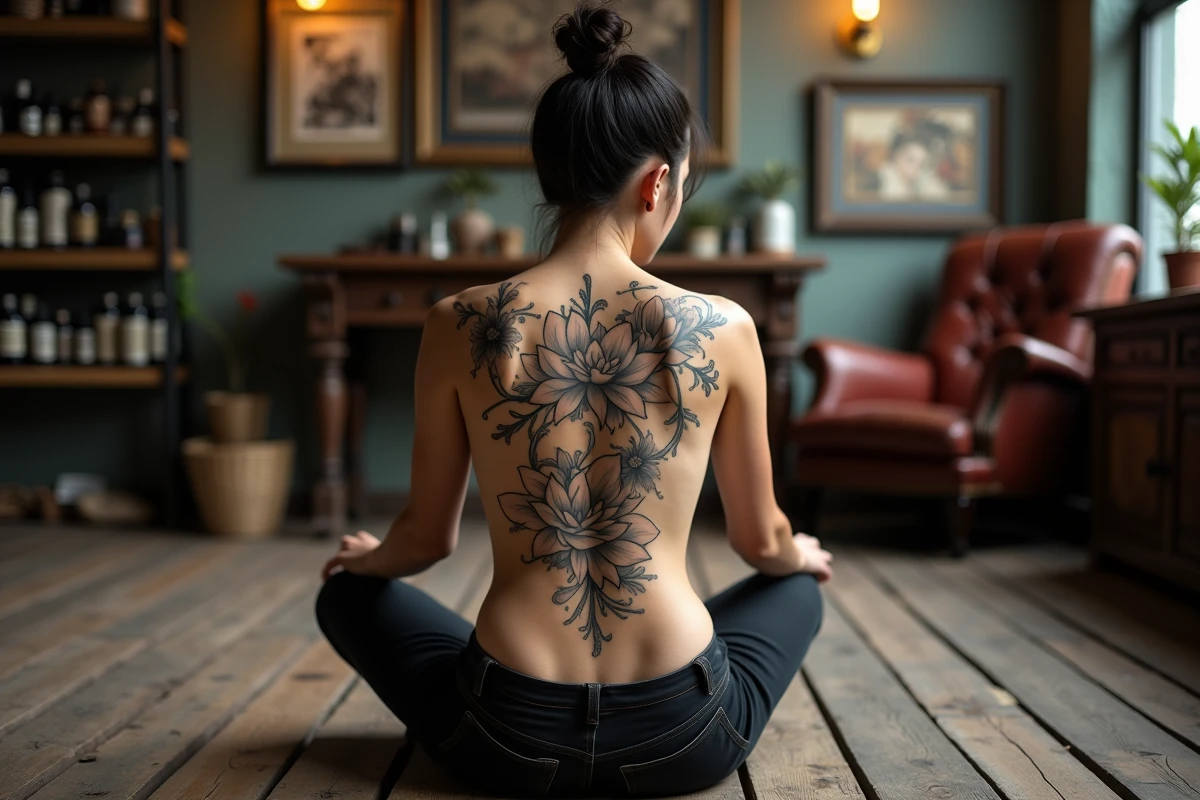 Femme de dos avec grand tatouage floral lotus et cerisier sur l'épaule et le haut du dos en salon de tatouage