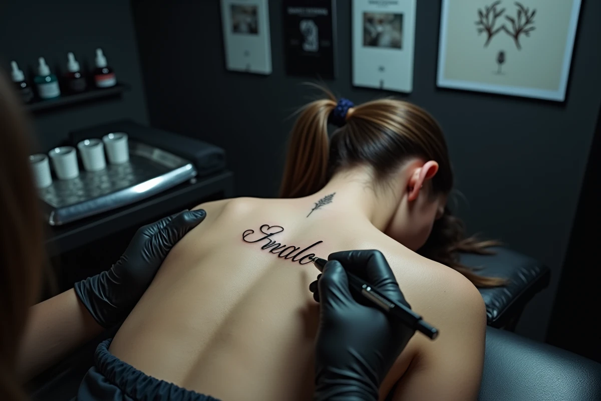 Tatoueur réalisant un tatouage prénom fin et féminin sur la clavicule d'une cliente dans un studio de tatouage professionnel