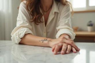 Tatouage prénom fin et féminin en fine line sur le poignet intérieur d'une jeune femme portant un chemisier en lin crème