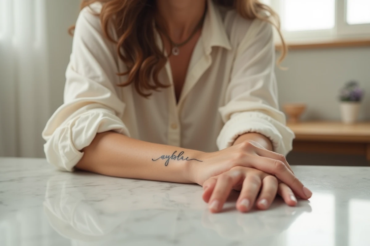 Tatouage prénom fin et féminin en fine line sur le poignet intérieur d'une jeune femme portant un chemisier en lin crème
