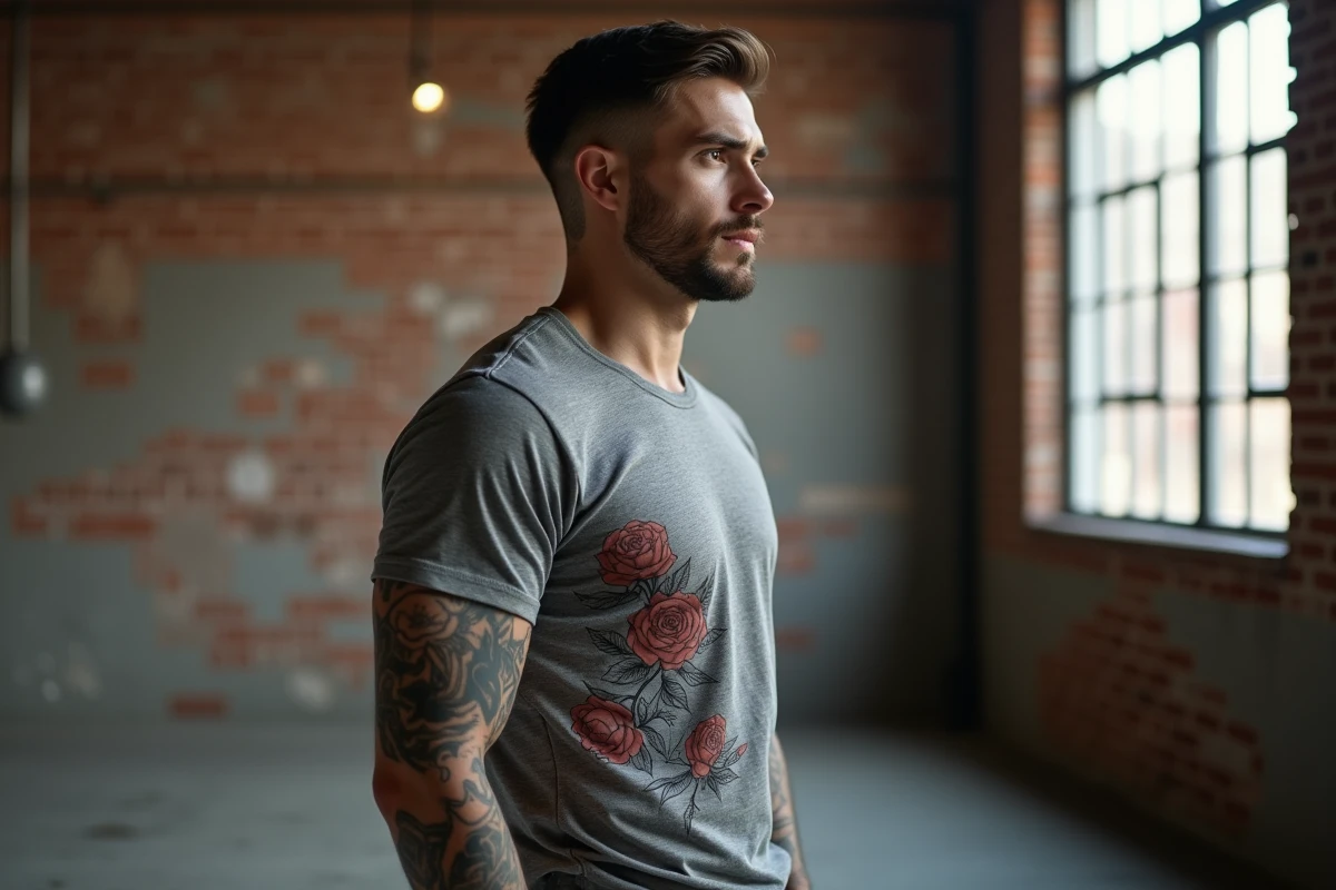 Homme montrant un tatouage de roses et motifs géométriques sur les côtes et le torse, symbolisme floral