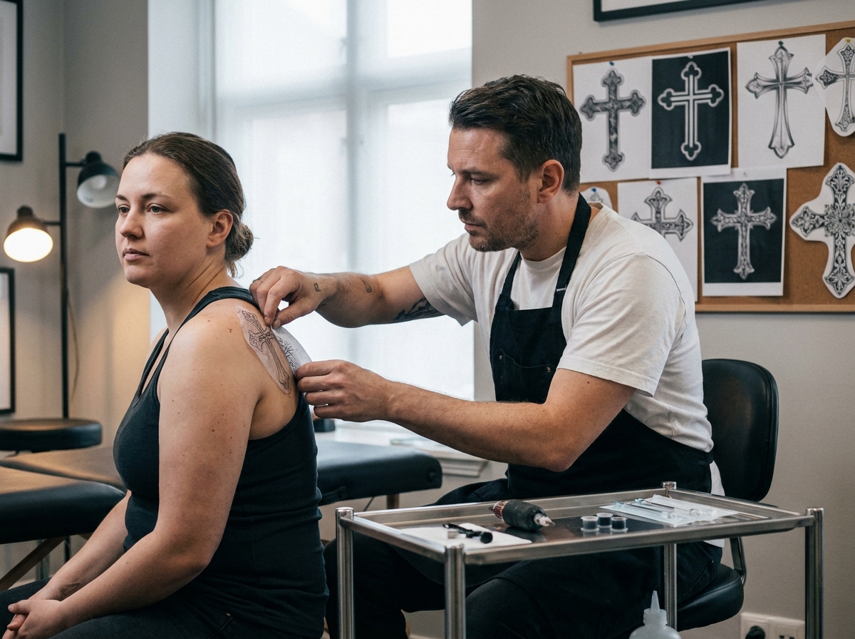 Tatoueur appliquant un pochoir de retouche sur l'omoplate d'un client, symboles religieux en arrière-plan, ambiance professionnelle
