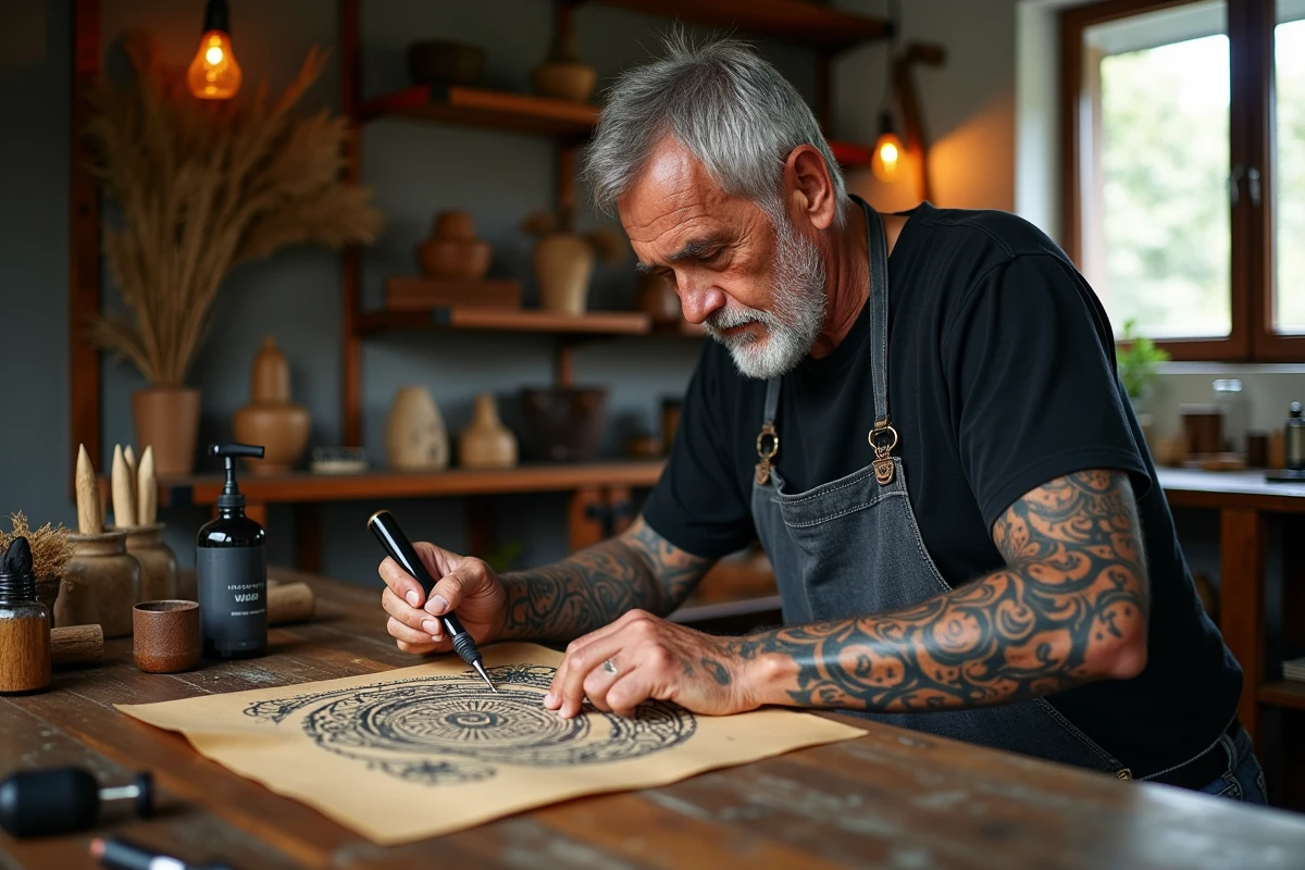 Tatoueur māori expérimenté étudiant un dessin de tatouage traditionnel dans son atelier, ses avant-bras ornés de motifs tā moko ancestraux