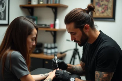 Tatoueur professionnel concentré en train de réaliser un tatouage géométrique sur l'avant-bras d'une cliente dans un studio de tatouage moderne et propre