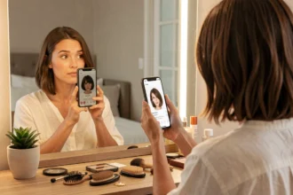 Femme testant une coupe de cheveux virtuelle via une application smartphone devant son miroir de coiffeuse à la maison