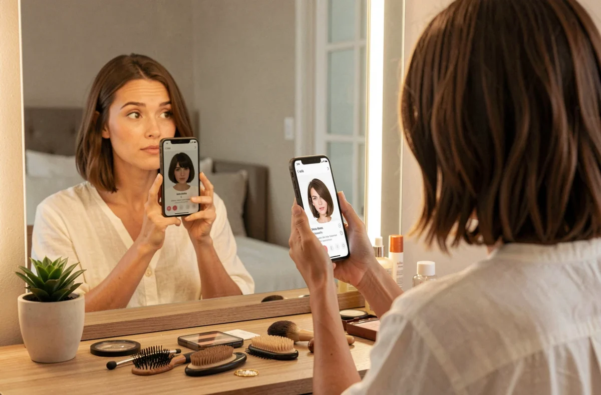 Femme testant une coupe de cheveux virtuelle via une application smartphone devant son miroir de coiffeuse à la maison