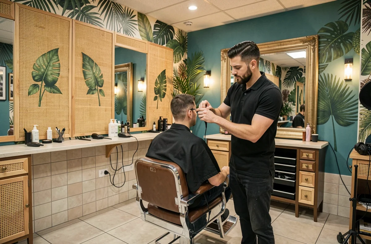 Coiffeur masculin réalisant un dégradé dans le salon Tiki Coiffure à Hoenheim avec décor tropical