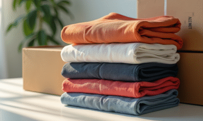Pile de vetements tendance avec emballages eco pour expédition