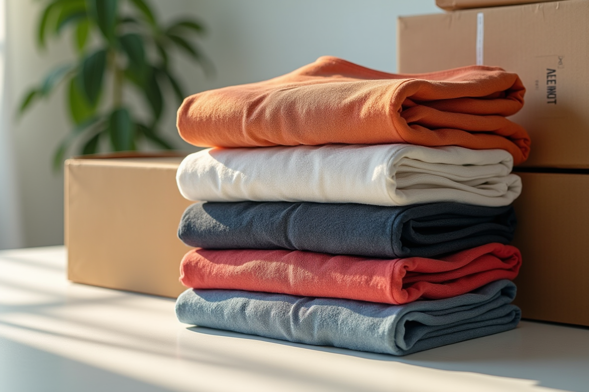 Pile de vetements tendance avec emballages eco pour expédition