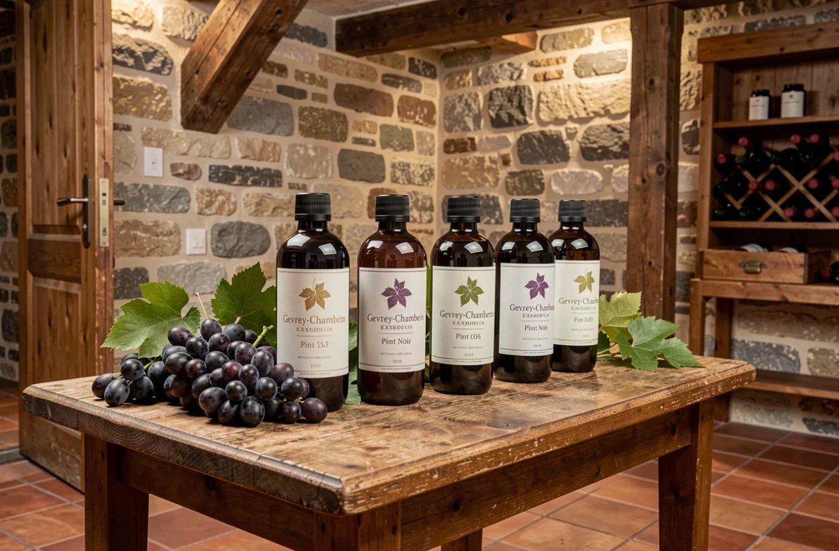 Produits cosmétiques à base de vigne exposés dans un cadre cave bourguignonne chez Vinésime à Gevrey-Chambertin