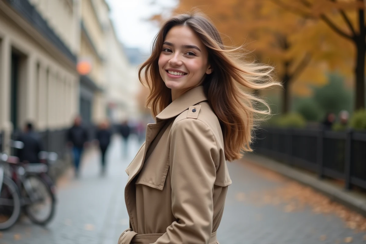 Jeune femme avec une coupe wolf cut et mèches money piece dans une rue parisienne en automne 2026