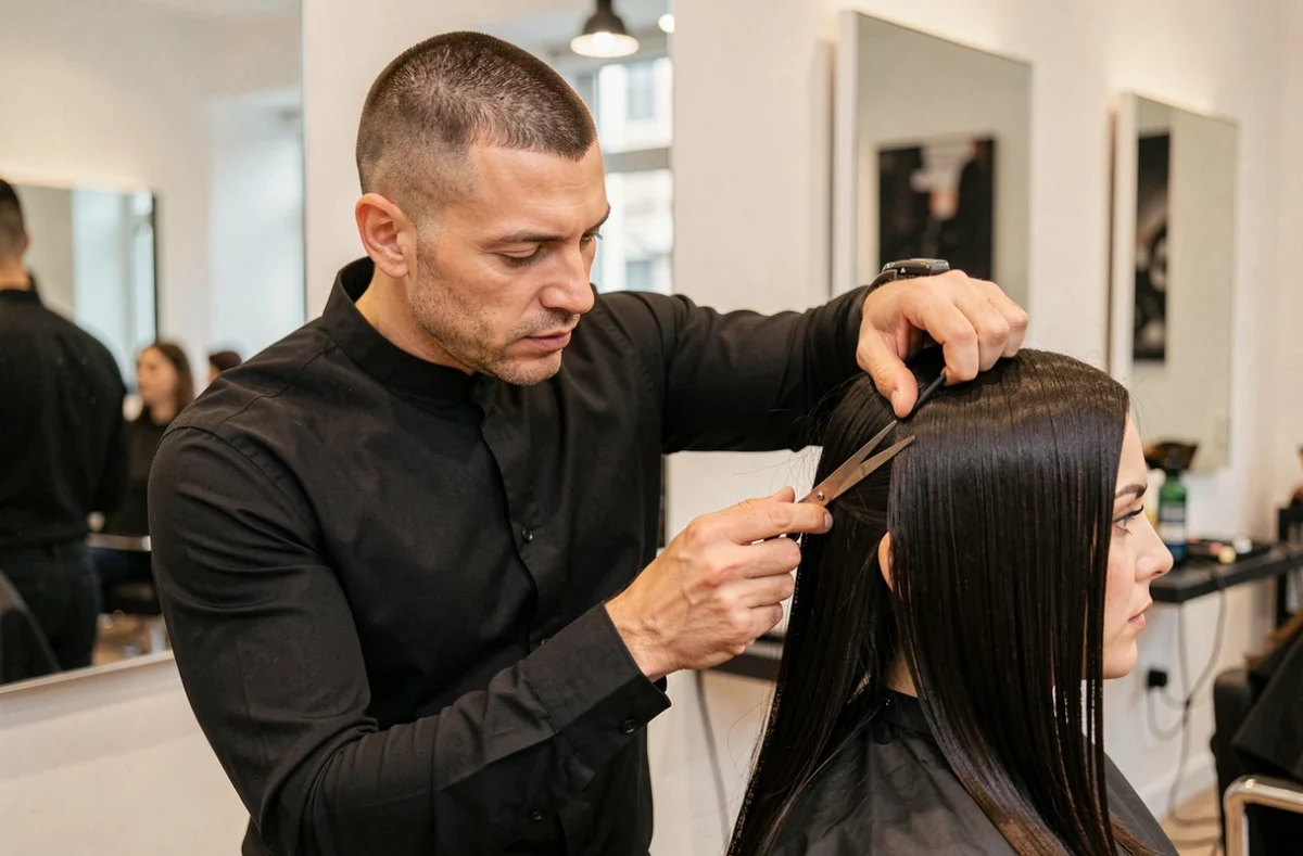 Coiffeur expert Woody Saeïé coiffant une cliente dans un salon moderne parisien avec des ciseaux professionnels